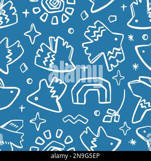 ABSTRACT CONTEMPORARY Folk Doodle Seamless Pattern Modern African Hand Drawn Flat Birds Various Shapes Fabric Print Background Matisse Style Creative Stock Vector