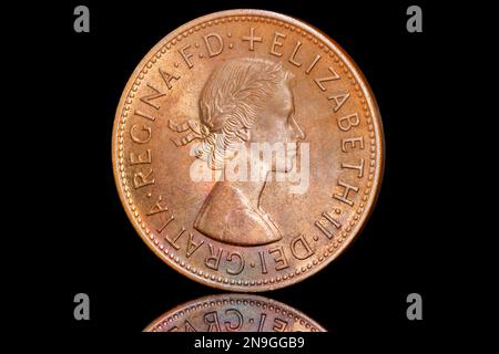 Obverse side of a 1967 One Penny coin featuring the first coin portrait of Queen Elizabeth II Stock Photo