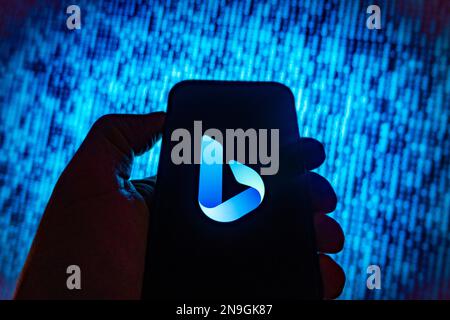 Digital composite image of new AI Microsoft Bing search engine powered by ChatGPT by OpenAI on a mobile phone. Stock Photo