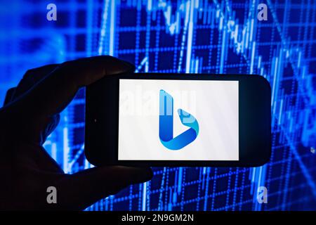 Digital composite image of new AI Microsoft Bing search engine powered by ChatGPT by OpenAI on a mobile phone. Stock Photo
