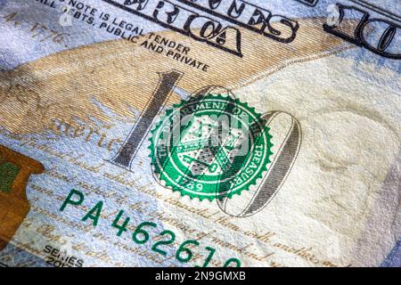 Benjamin Franklin is featured on the federal reserve bank note $100 bill, 2023, United States of America Stock Photo