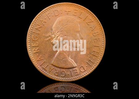 Obverse side of a 1967 One Penny coin featuring Queen Elizabeth II portrait by Mary Gillick Stock Photo