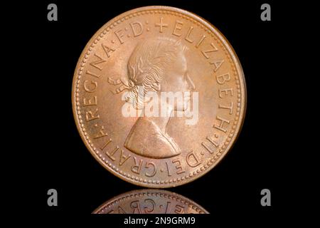 Obverse side of a 1967 One Penny coin featuring Queen Elizabeth II portrait by Mary Gillick Stock Photo