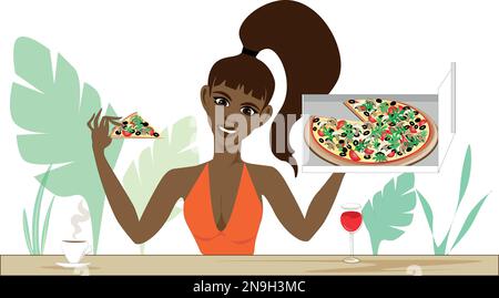 A dark-haired latin woman holds up a box of deliciously flavoured pizza. The drool is flowing. Stock Vector