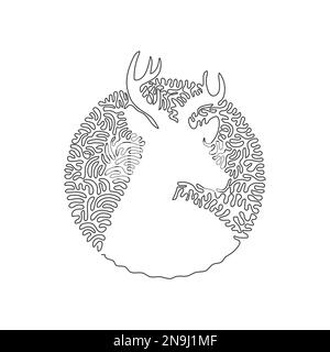 Single one curly line drawing of beautiful deer long antlers abstract art. Continuous line draw graphic design vector illustration of exotic deer Stock Vector