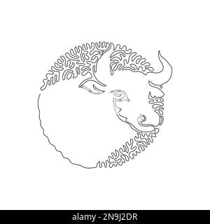 Continuous curve line drawing of curved bull horns, abstract art in circle. Single line editable stroke vector illustration of bulls very muscular Stock Vector