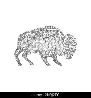 Single one curly line drawing of scary bison abstract art. Continuous line draw graphic design vector illustration of bison huge and muscular for icon Stock Vector