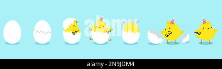 Chick hatching process, yellow chicken in eggs. Cute cartoon bird hatch egg and growth chickens. Scratch eggshell, nowaday newborn birthday vector Stock Vector