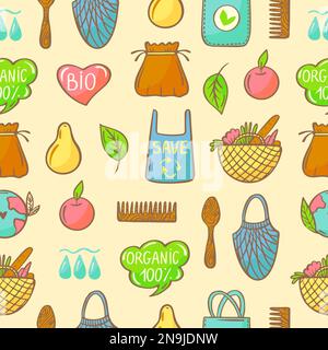 Eco seamless pattern. Reusable zero waste elements, shopping bag and organic food. Environment saving kitchen and hygiene signs, neoteric vector print Stock Vector