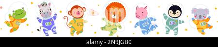Isolated cartoon space animals. Cute leo, koala, penguin and zebra astronauts. Monkey and frog wear cosmonaut suit and spacesuit, vector characters Stock Vector