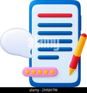 Review 3d concept. Smartphone feedback, five stars for service or support. White speech bubble, survey bar on phone screen, vector business icon Stock Vector