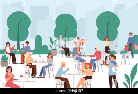 Popular summer outdoor cafe. Young adults, couple and teens, family sitting in restaurant, eating and drinking. Waiter on work, people shopping Stock Vector