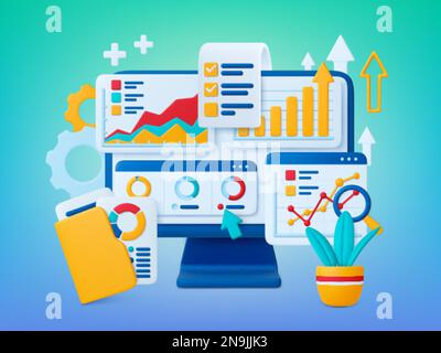 Data analytics financial 3d concept. Retail market charts, digital audit graphs. Finance marketing analysis, business banking strategy render pithy Stock Vector