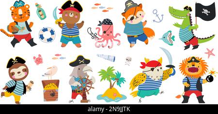 Pirates cartoon characters, happy animal in pirate costume. Isolated cute animals, fun captain, island and chest with treasure. Nowaday sailor vector Stock Vector