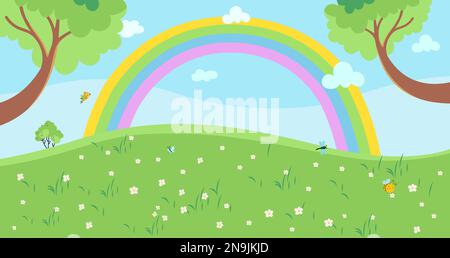 Cartoon meadow landscape with green tree, rainbow, clouds and flowers chamomile. Tiny cute insects flying in forest, bee and butterfly, vector Stock Vector