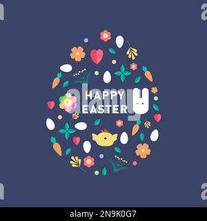 Happy easter Ornament in the form of an egg, spring symbols, eggs, rabbit, flowers. Abstract patterns, geometric patterns for the holiday of Easter Stock Vector