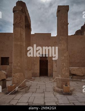 Deir el-Bahari, Luxor, Egypt. Polish-Egyptian Archaeological and Conservation Mission of Mortuary Temple of Hatshepsut ,Entrance to the mortuary cult Stock Photo