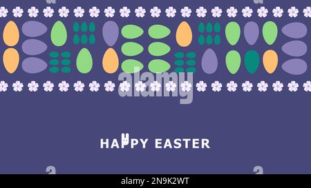 Happy easter Spring geometric mosaic card with rabbit, eggs and flowers. Merry hunting. Stock Vector