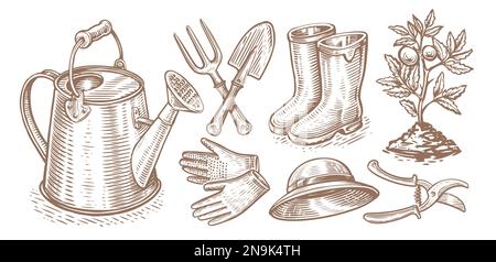 Garden tools, equipment collection. Gardening, horticulture concept. Set of sketch vector illustrations in retro style Stock Vector
