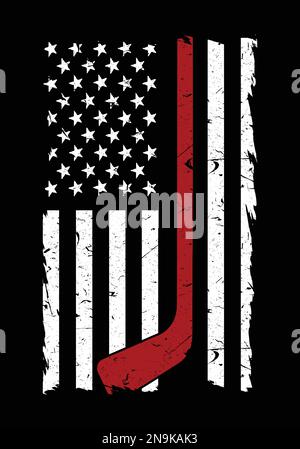 American hockey flag. Black and white USA flag and red hockey. Stock Vector