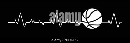 Heartbeat pulse line with basketball on black background. Stock Vector