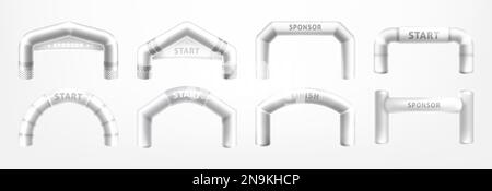Set of realistic 3d white inflatable arches for sports competition. Arch gates of different shapes for marathon, races and outdoor sport events. Start and finish archways isolated on background. Stock Vector