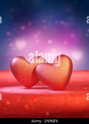 Two red hearts on a velvet surface. Colorful, out of focus background. Digital illustration, 3D rendering. Stock Photo
