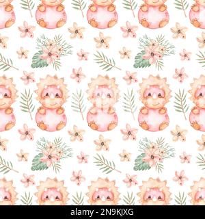 Watercolor seamless cute pink cartoon dinosaurs pattern. Little dino background for kids. Tropical repeat paper. Stock Photo