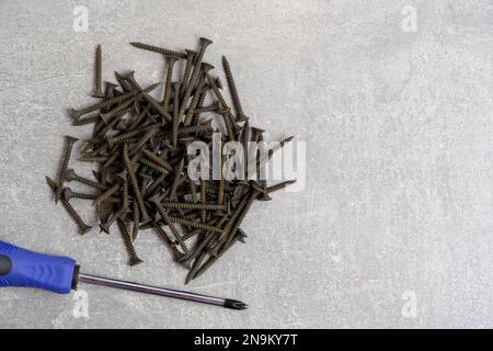 Bunch black screws and screwdriver gray background Stock Photo