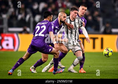 Nikola Milenkovic of Acf Fiorentina and Federico Chiesa of Juventus during  the Italian serie A, football match between Juventus Fc and Acf Fiorentina  on 12 February 2023 at Allianz Stadium, Turin, Italy. Photo Ndrerim Kaceli  - SuperStock