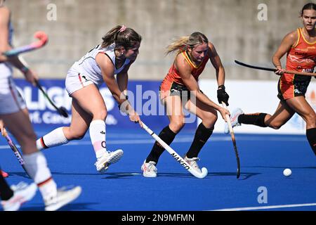 Sydney, Australia. 12th Feb, 2023. Sonja Zimmermann (L) of Germany Women's National Field Hockey Team in action during the International Hockey Federation Pro League between Australia and Germany at Sydney Olympic Park Hockey Centre. Final Score; Australia 3:0 Germany. Credit: SOPA Images Limited/Alamy Live News Stock Photo