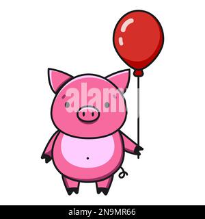 Cartoon pig holding a red balloon. Vector illustration. Stock Vector