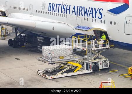 London, United Kingdom - February 2023: Air freight cargo pallet being loaded into the hold of a British Airways Airbus A380 jet Stock Photo