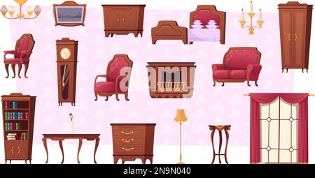 Vintage furniture. Old style collection interior tools shelves sofas armchairs and bookcases exact vector cartoon pictures set Stock Vector