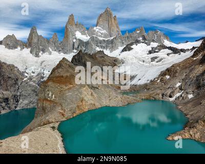 Aerial view of the stunning Laguna de los Tres and Laguna Sucia with their turquoise waters surrounded by Mount Fitz Roy and icefields Stock Photo