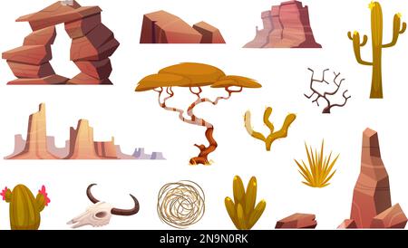 Desert landscape kit. Cactus rocks trees and sand plants for exotic outdoor arizona landscape exact vector templates in cartoon style Stock Vector