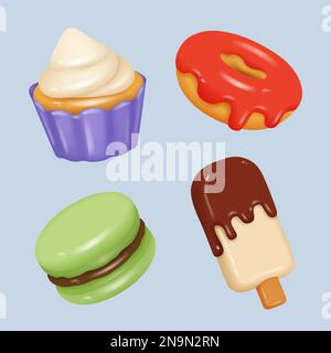 Sweet food. Plasticine delicious products tasty cakes dessert decent vector pastries realistic renders Stock Vector