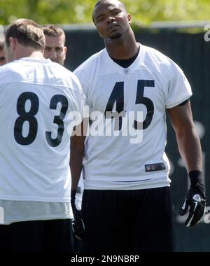 Pittsburgh Steelers' Leonard Pope (45) gets wrapped up by Carolina Panthers'  Thomas Keiser (98), Terrell McClain (97), and R.J. Stanford (25) during the  first half of their pre-season game on Thursday, August