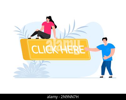 People press button with text click here. Click button for app and web design. Stock Vector