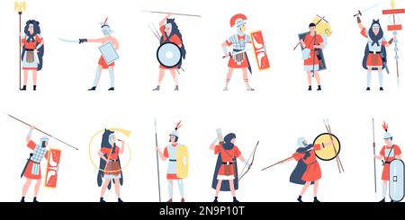 Roman army warriors characters. Rome soldier, trojan warrior gladiator. Ancient greek soldiers, war military empire cultures, recent vector set Stock Vector