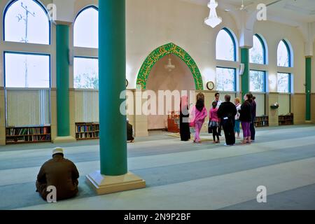 Toronto, Ontario / Canada - May 26, 2013: Building interior of a mosque.  Arabic Muslim man reading Koran and praying. Stock Photo