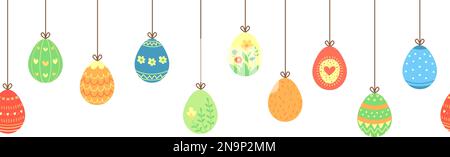 Easter eggs hang on strings. Painted egg on rope, decorative spring festive seamless pattern. Sticker decor template, vector party banner Stock Vector