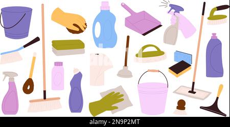 Cleaning set, supplies and dustpan broom. Equipment object for clean, household tools. Housework cloth, mop and bucket, cartoon racy vector clipart Stock Vector
