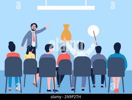 Auction of antiques, man hands up bid plate. People sitting on chairs in room, auction host and ancient vase on podium. Group on bidding vector scene Stock Vector