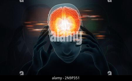 Man suffering from brain pain, headache or mental health disorder 3D rendering illustration. Psychiatry, psychology, mindfulness, adhd or focus issues Stock Photo