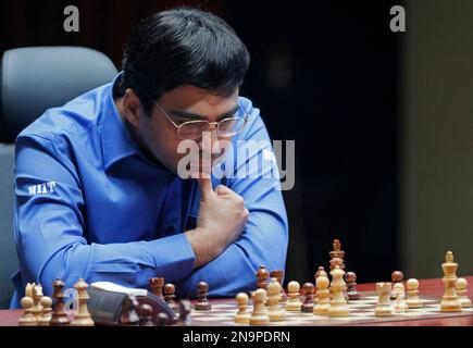 Defending World champion Viswanathan Anand, from India, contemplates his  next move during the eighth game of the Chess World Championship between  him and Russia's Vladimir Kramnik in the Art and Exhibition Hall