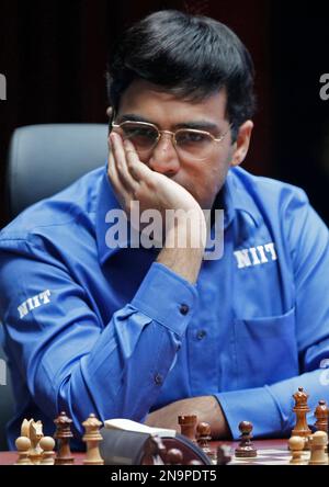 World champion Viswanathan Anand from India contemplates his next move  during the 11th game of the Chess World Championship against Russia's  Vladimir Kramnik in the Art and Exhibition Hall of the Federal