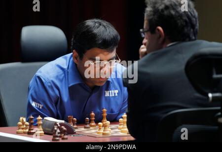 Defending World champion Viswanathan Anand, from India, contemplates his  next move during the eighth game of the Chess World Championship between  him and Russia's Vladimir Kramnik in the Art and Exhibition Hall