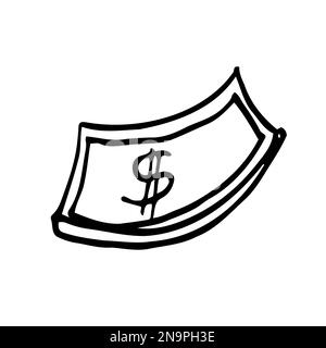 100 dollar paper bill money, a hand drawn vector doodle illustration of a money with dollar currency symbol, isolated on white background. Stock Vector
