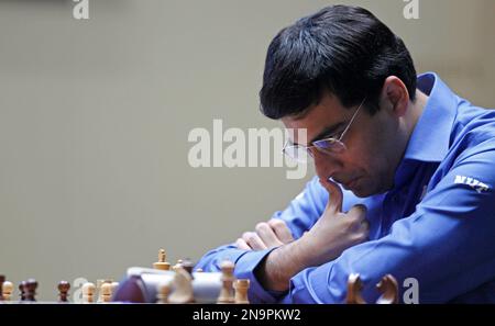 World champion Viswanathan Anand from India contemplates his next move  during the 11th game of the Chess World Championship against Russia's  Vladimir Kramnik in the Art and Exhibition Hall of the Federal